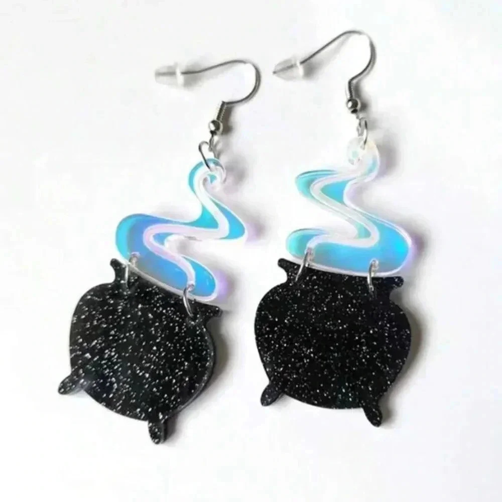 Sparkly black cauldron with blue steam Halloween festive dangle drop earrings